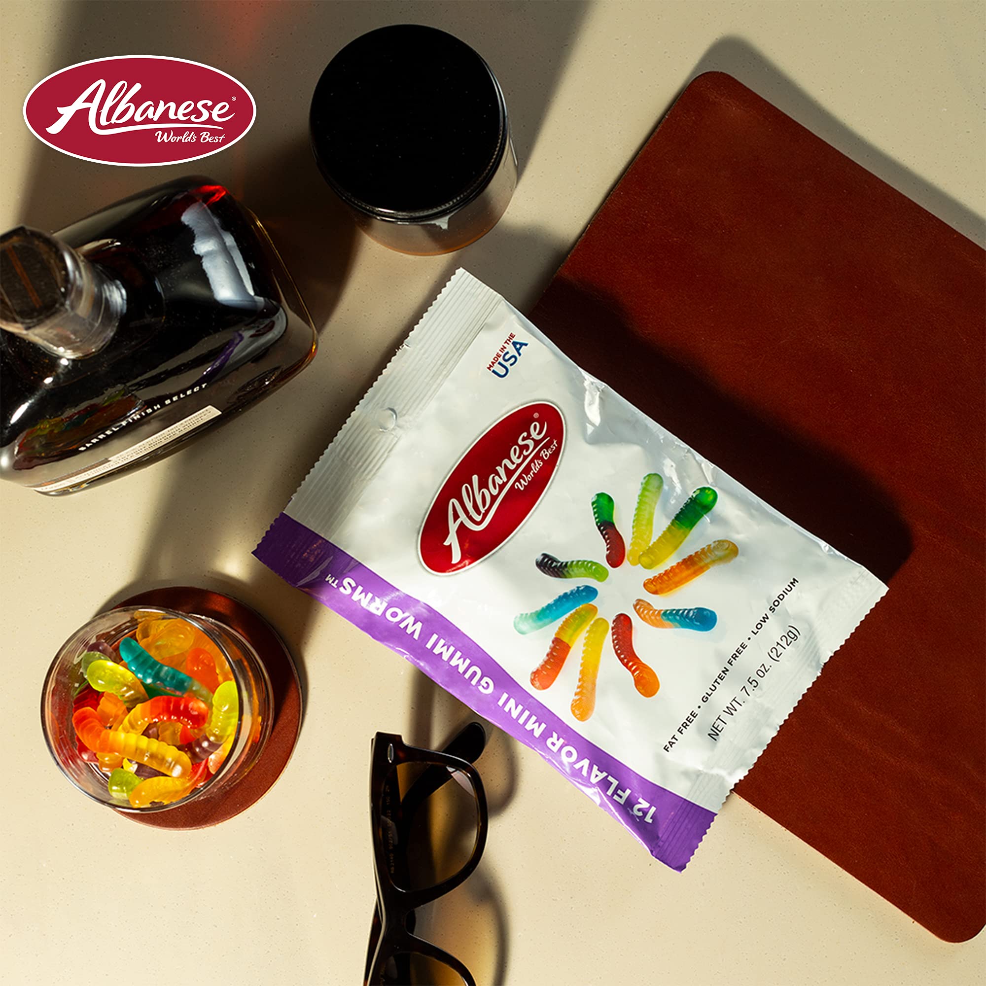 Albanese close-up of gummy worm texture highlighting soft chew and vibrant color