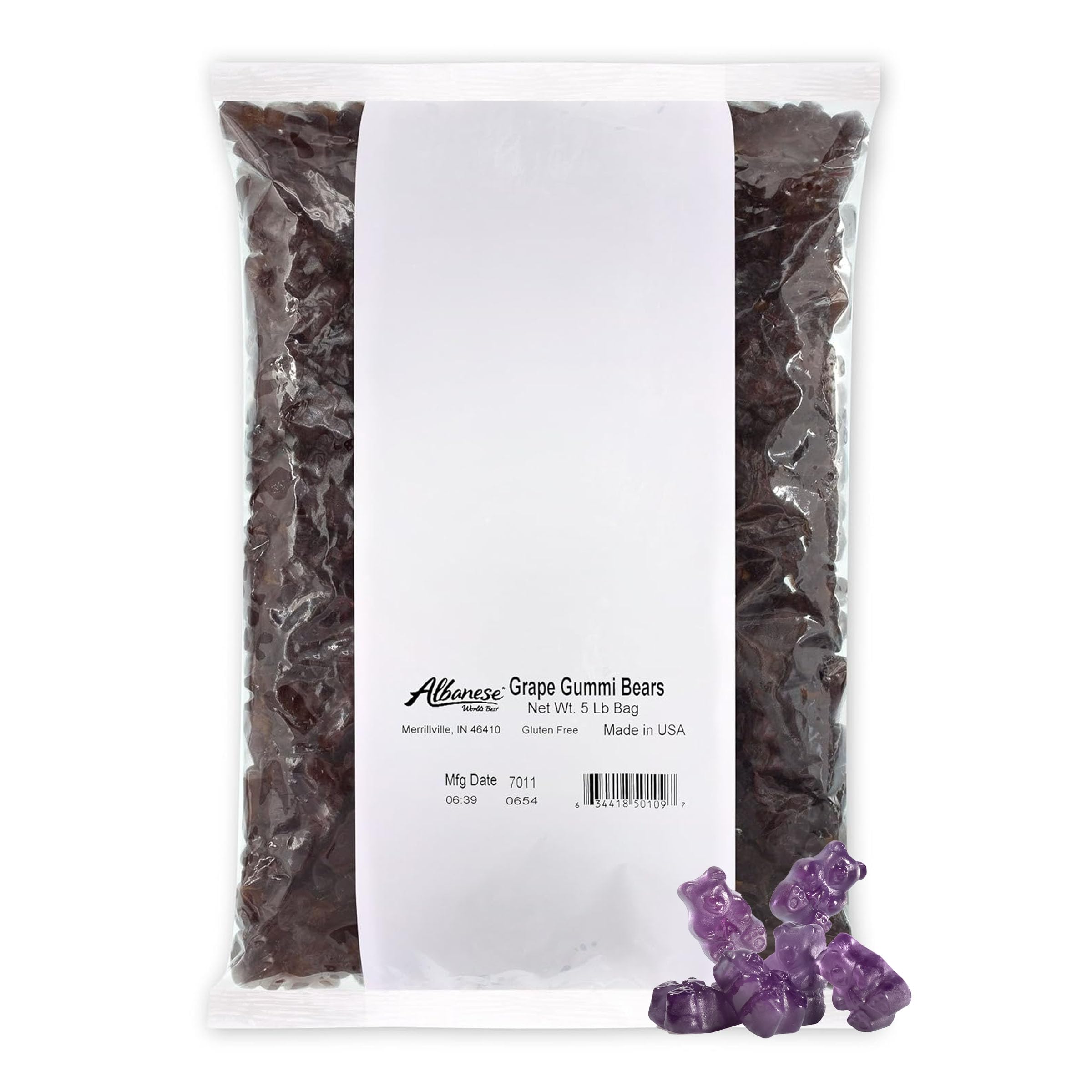 Albanese front of bag showing grape gummi bears and branding, highlights freshness