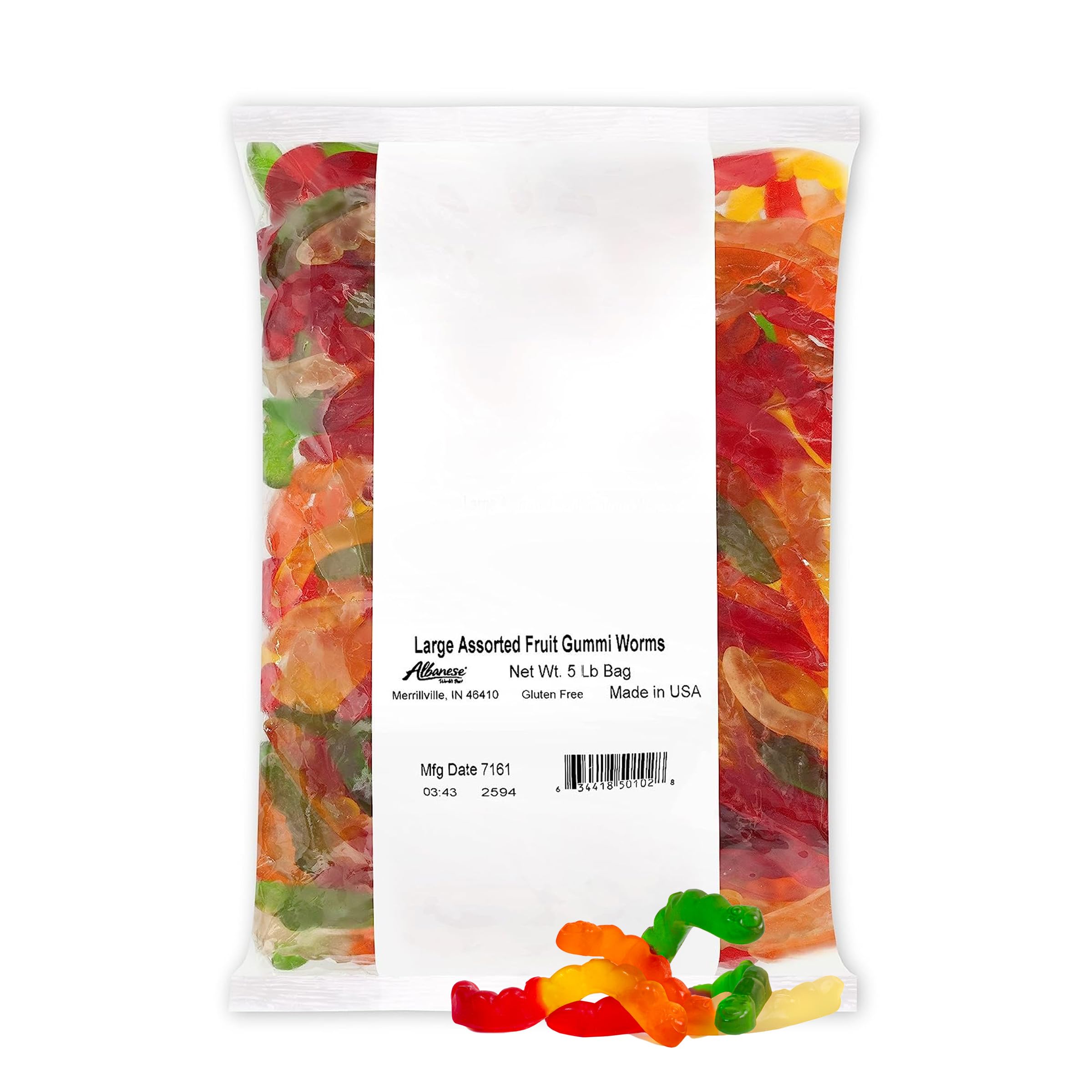 Albanese front packaging showing 5 lb bag and bold gummy worms, great for parties