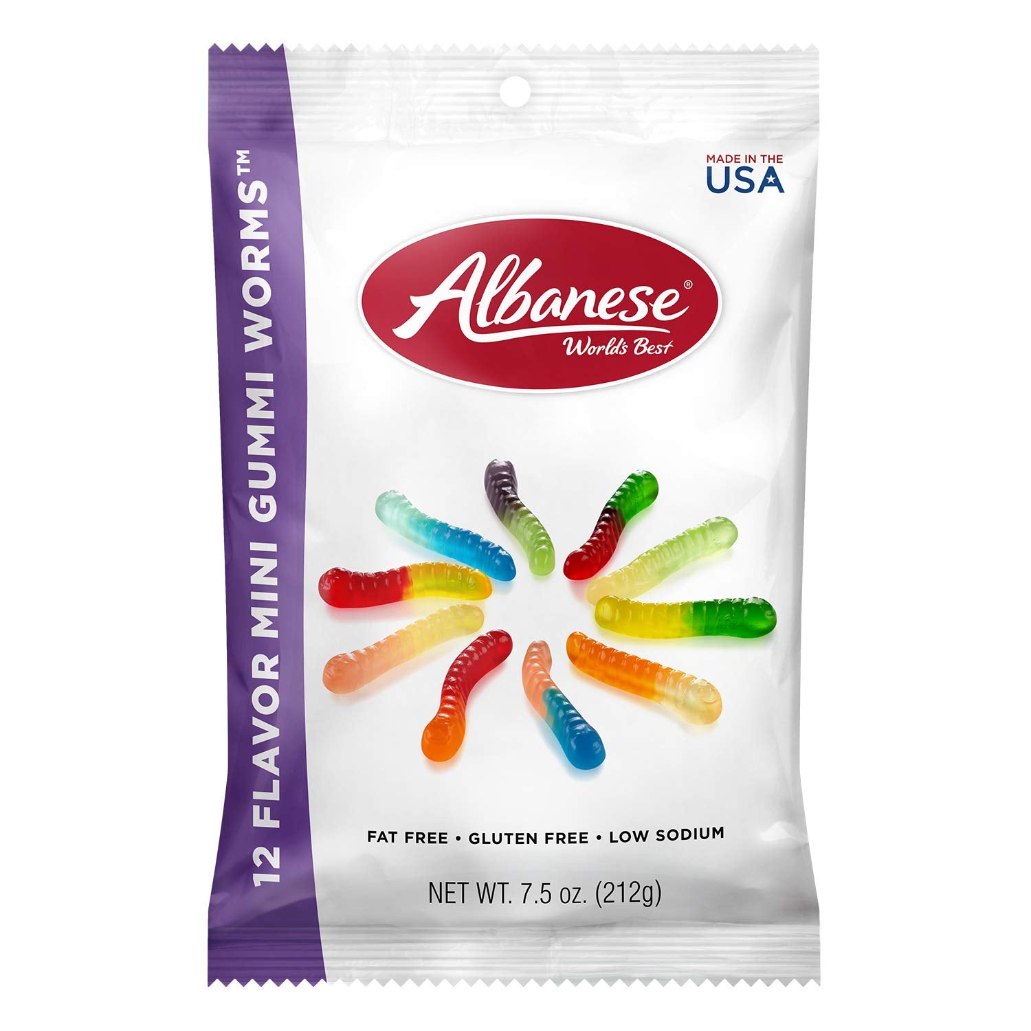 Albanese front packaging showing 12 mini gummi worm snack bags and bright branding
