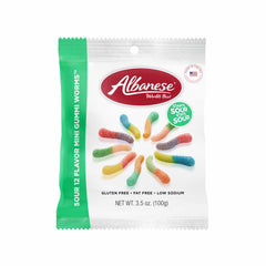 Albanese front packaging showing 12-pack and brand logo, clear shareable bags benefit