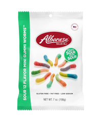 Albanese front packaging showing vibrant mini gummi worms and brand appeal