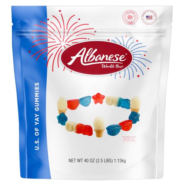 Albanese front packaging of 40oz bag showing colorful patriotic gummies and convenience