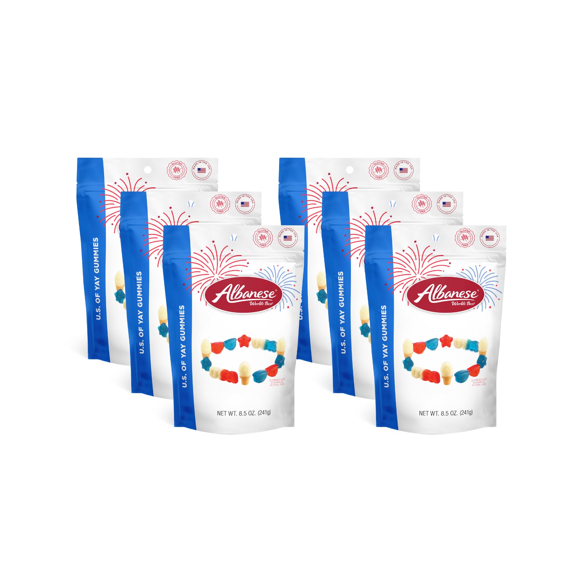Albanese front packaging showing colorful U.S. of YAY shapes and resealable bag benefit