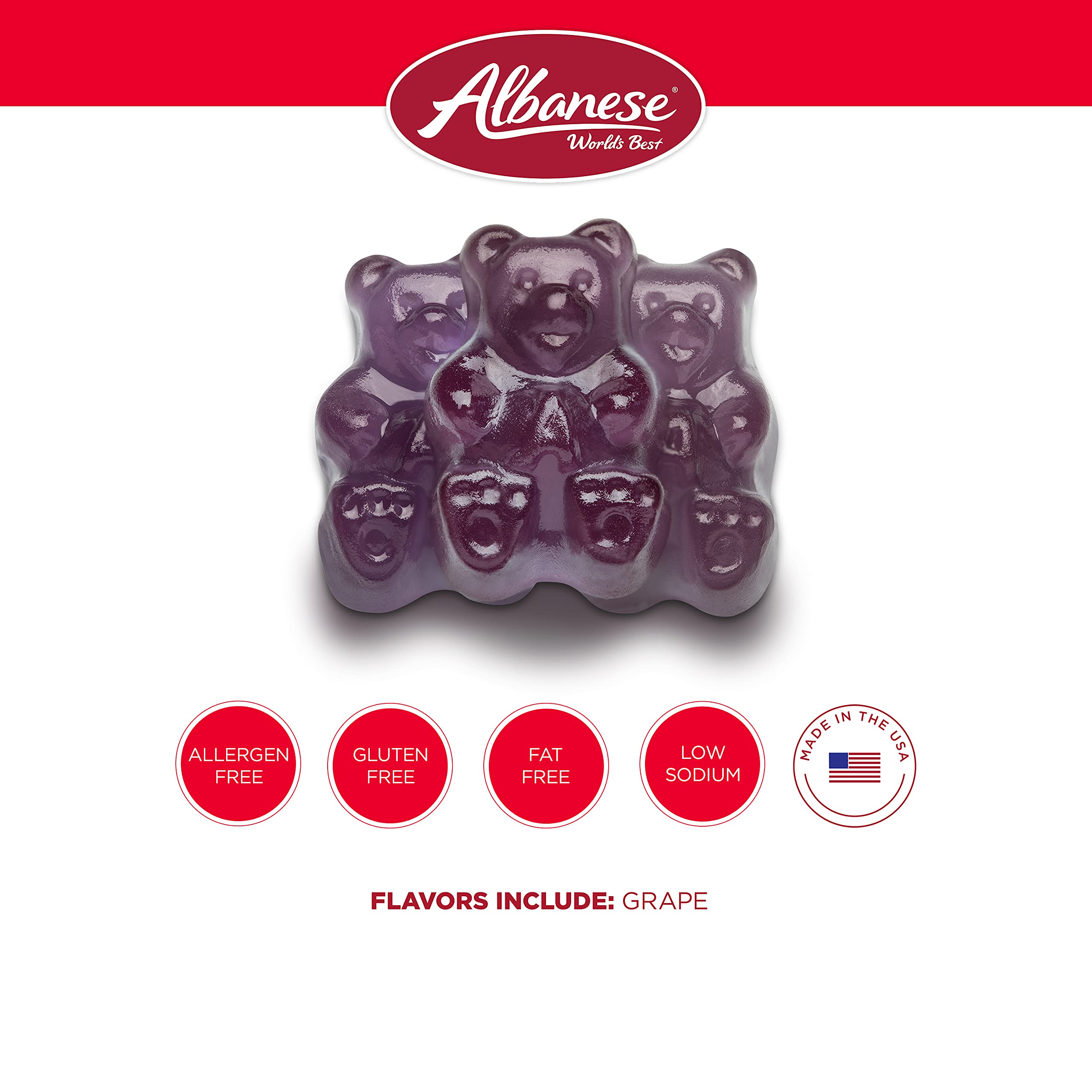 Albanese grape gummi bears in a clear jar for serving, convenient refill option