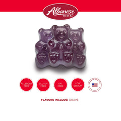 Albanese grape gummi bears in a clear jar for serving, convenient refill option