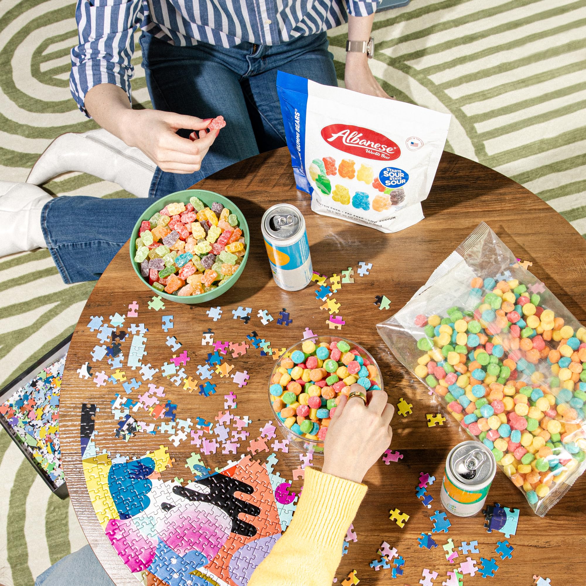 Albanese gummi poppers served on surface for snacking, visually appealing variety