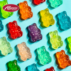 Albanese gummi bears being scooped, showing portioning convenience