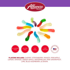 Albanese individually wrapped gummi worm piece emphasizing freshness and convenience