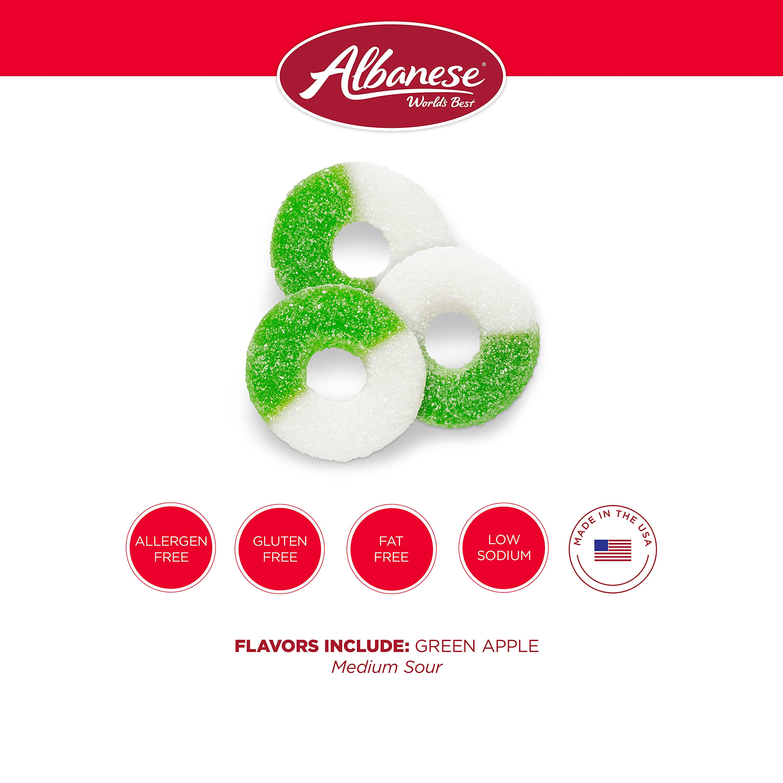 Albanese label close-up highlighting allergen-free and made in USA