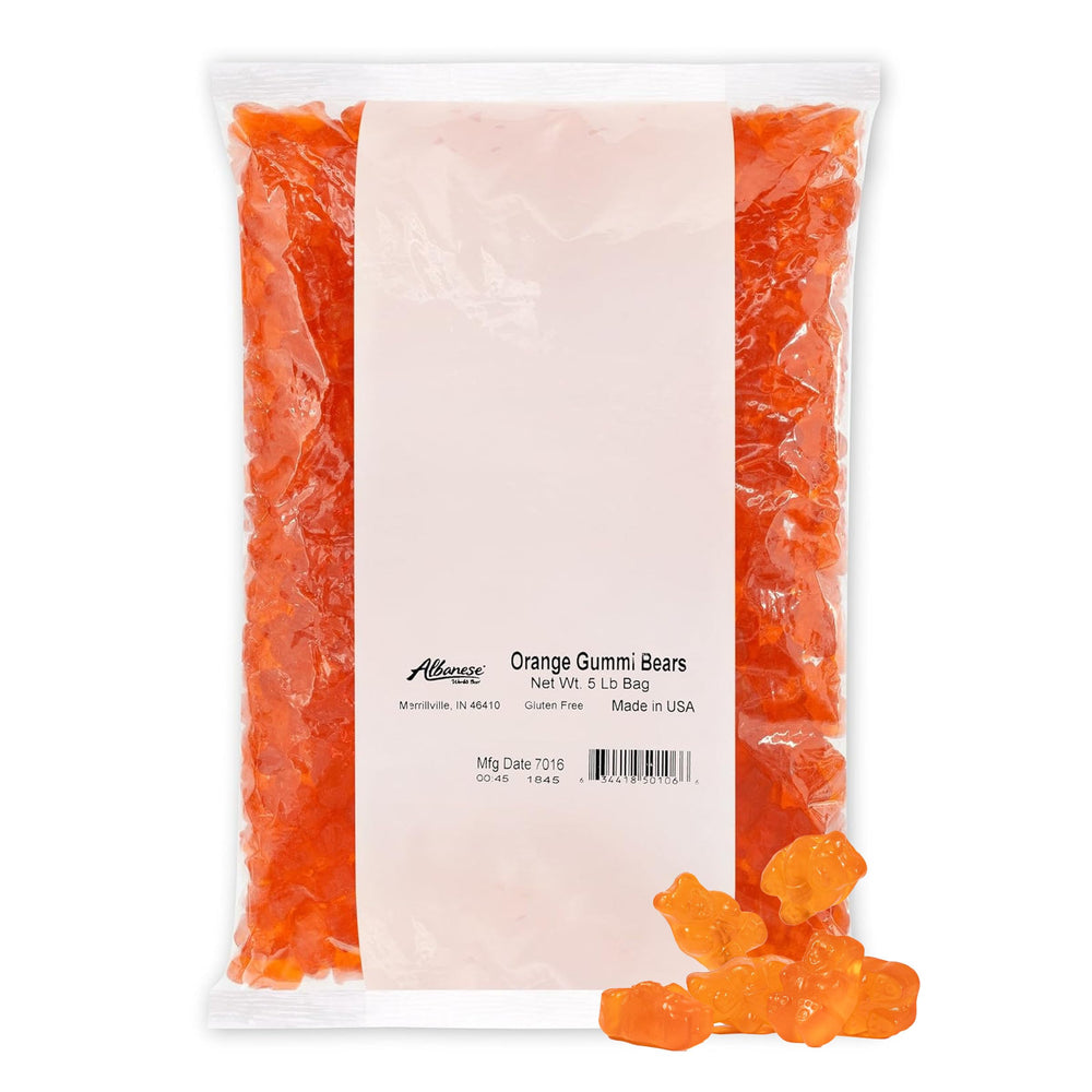 Albanese front packaging showing 5-pound orange gummi bears, clear view and brand