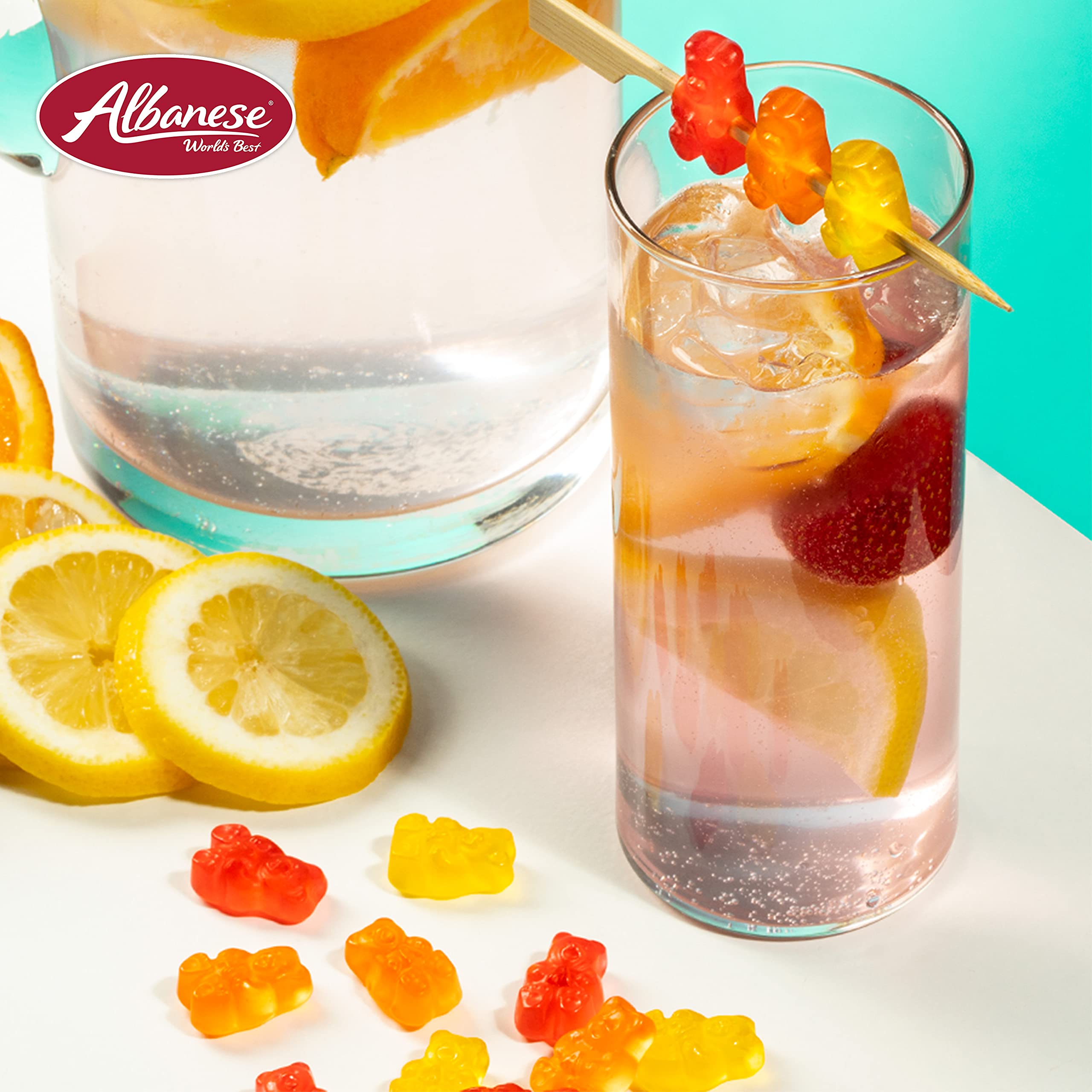 Albanese gummi bears next to a ruler to show scale and portion size benefit
