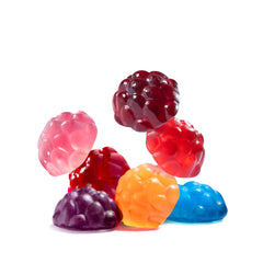 Albanese individual gummies arranged to show seven fruit flavors for flavor variety