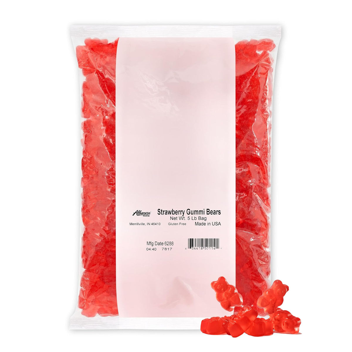 Albanese front packaging showing 5-pound strawberry gummi bears and easy reseal