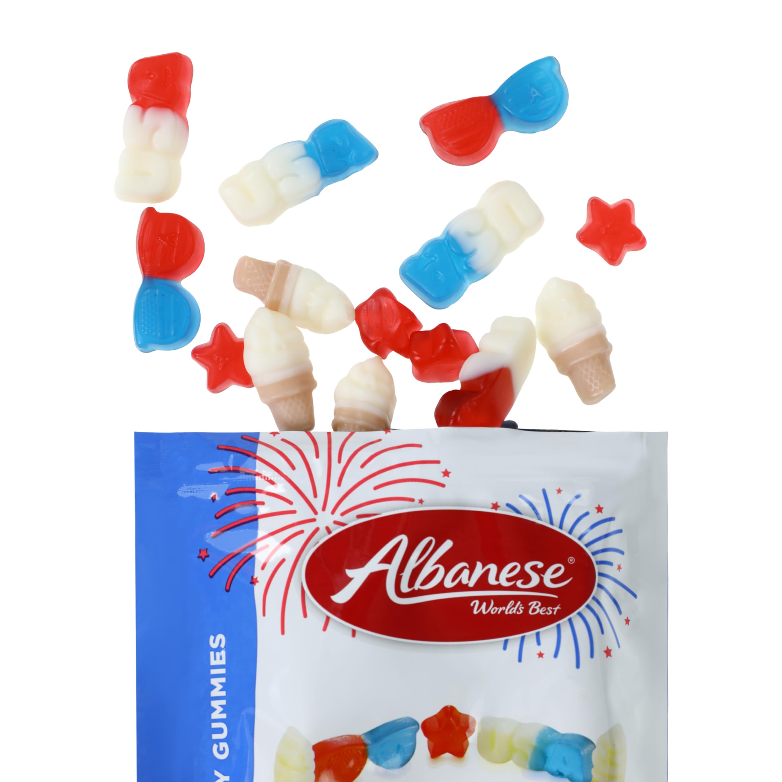 Albanese detail of sunglasses and cone gummies highlighting chewiness and fun shapes