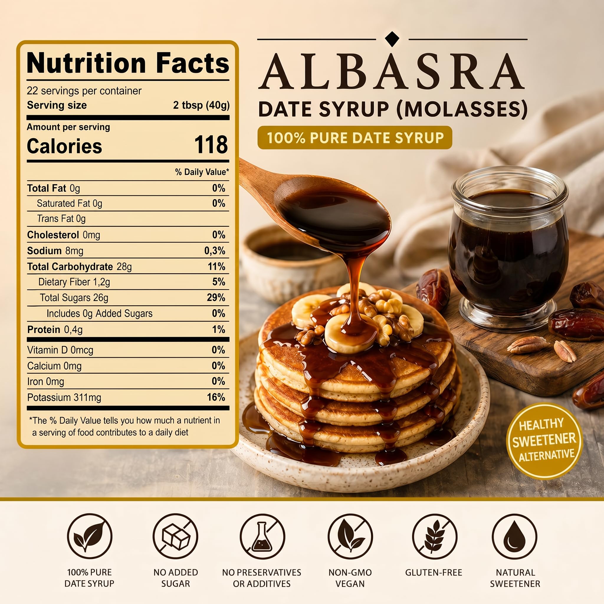ALBASRA syrup pouring from bottle highlighting smooth texture and shine