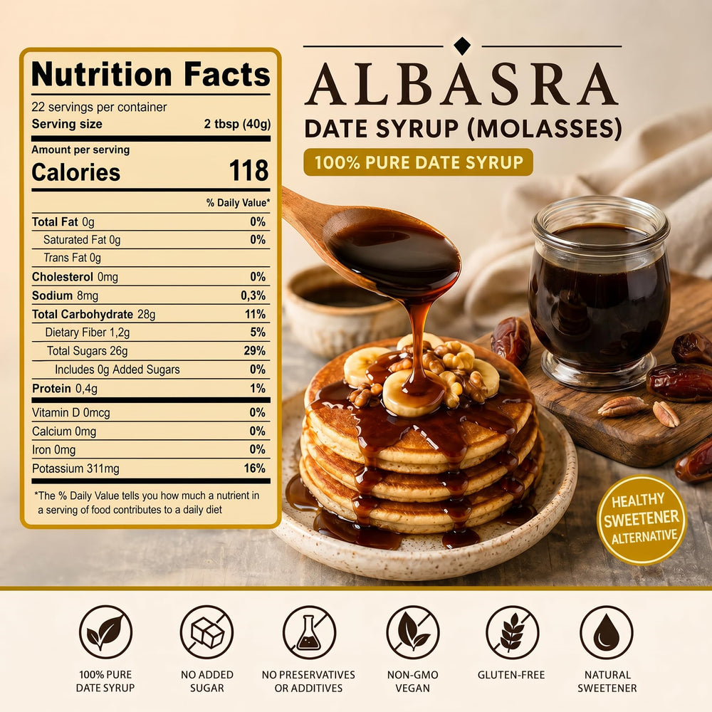 ALBASRA syrup pouring from bottle highlighting smooth texture and shine