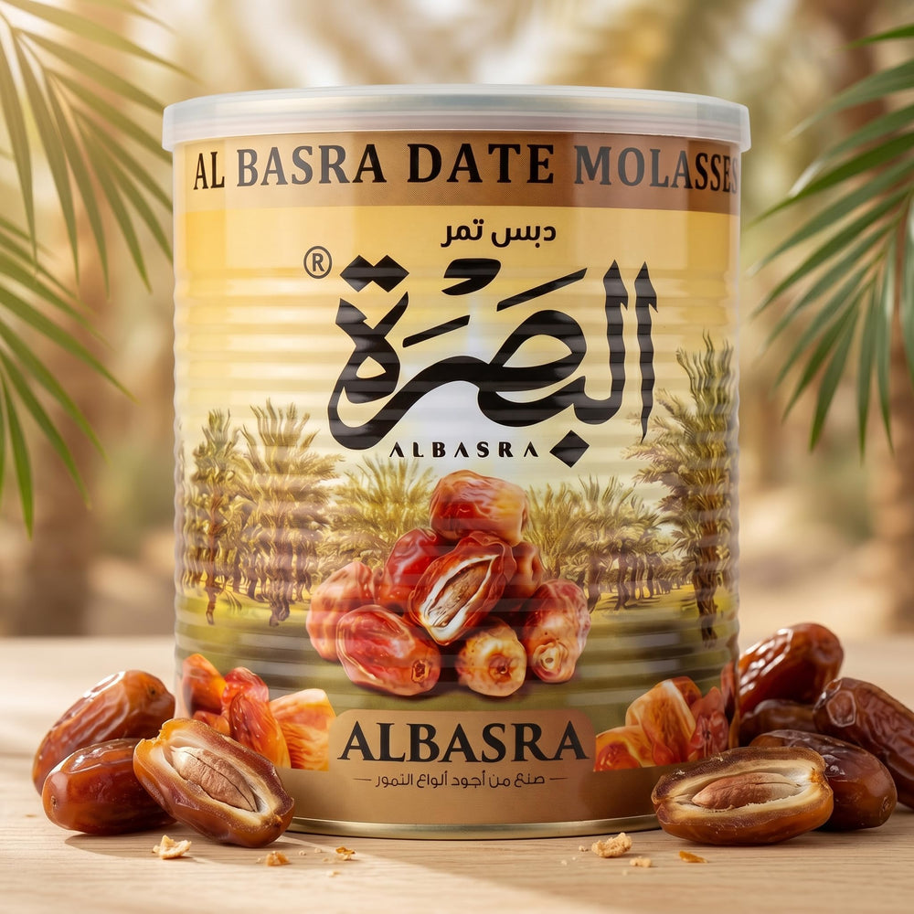 ALBASRA fresh dates beside bottle emphasizing natural origin and purity