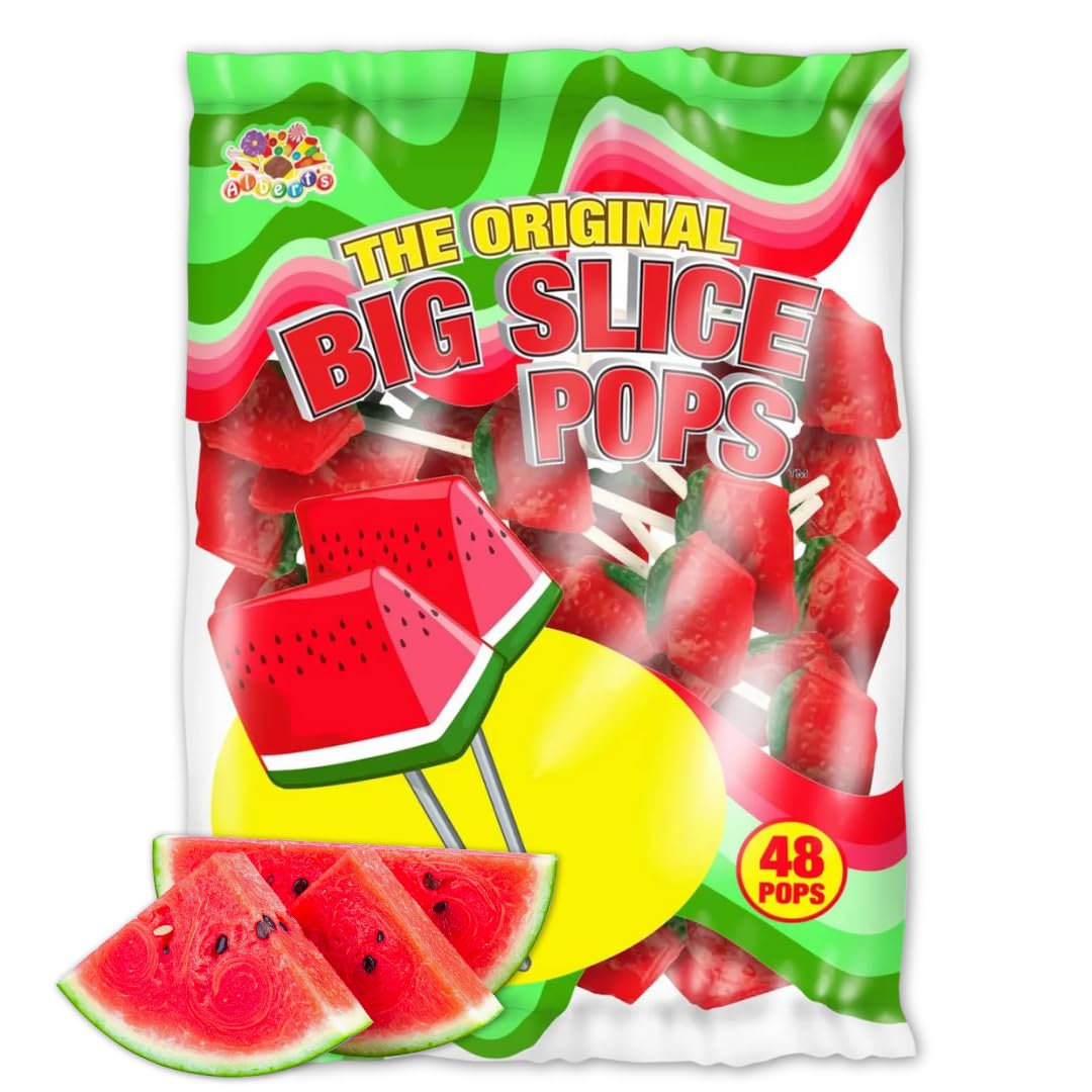 Albert's front pack shows 48-count watermelon lollipops, perfect for parties