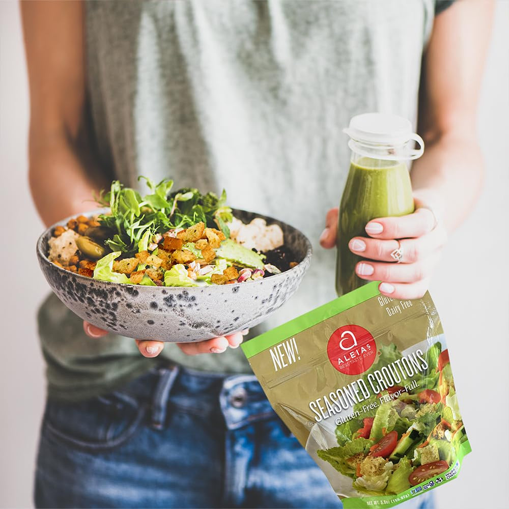 ALEIAS BEST. TASTE. EVER. croutons in kitchen bowl suggesting easy meal use