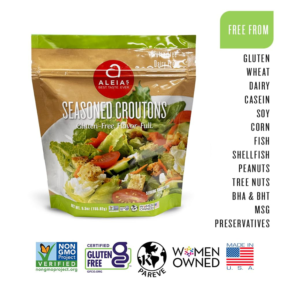 ALEIAS BEST. TASTE. EVER. croutons in hand for scale, showing portion size benefit