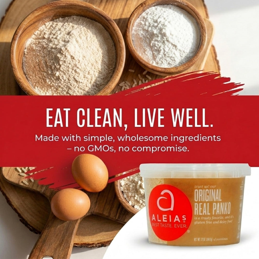 ALEIAS BEST. TASTE. EVER. measuring spoon scooping panko for precise recipe portioning