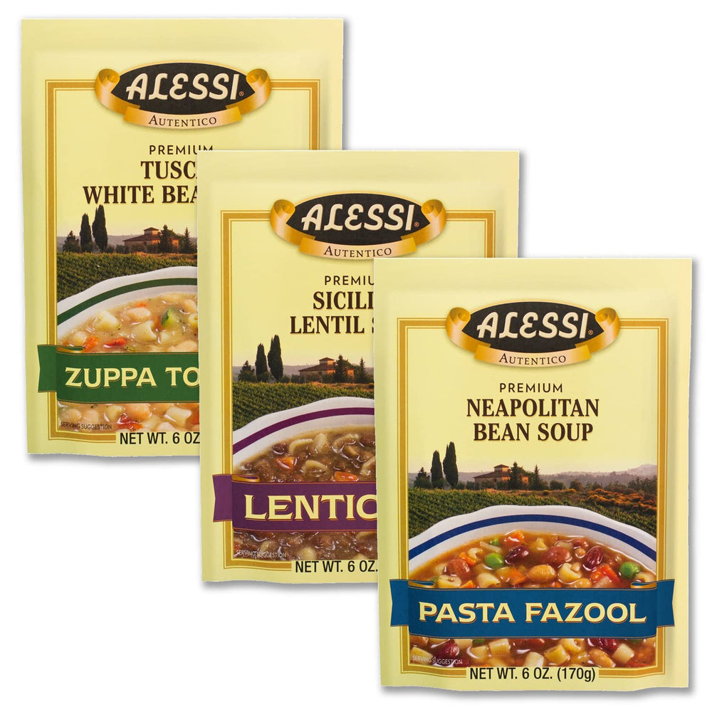Alessi front packaging showing three 6oz soup jars and variety benefits