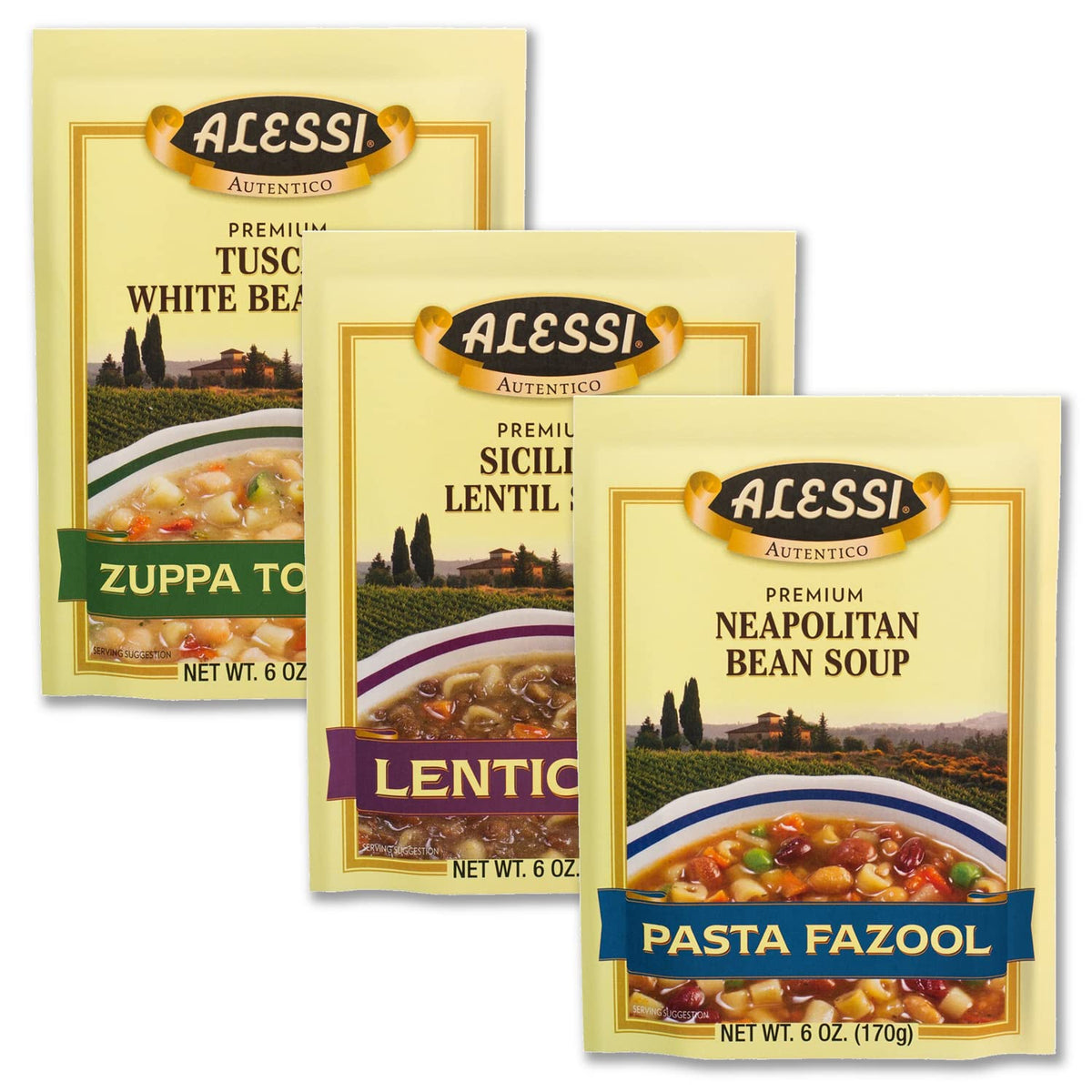 Alessi front packaging showing three 6oz soup jars and variety benefits
