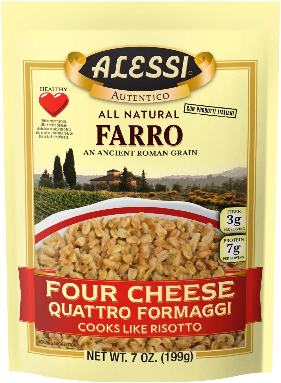 Alessi front pack showing four-cheese farro and quick-cook benefit