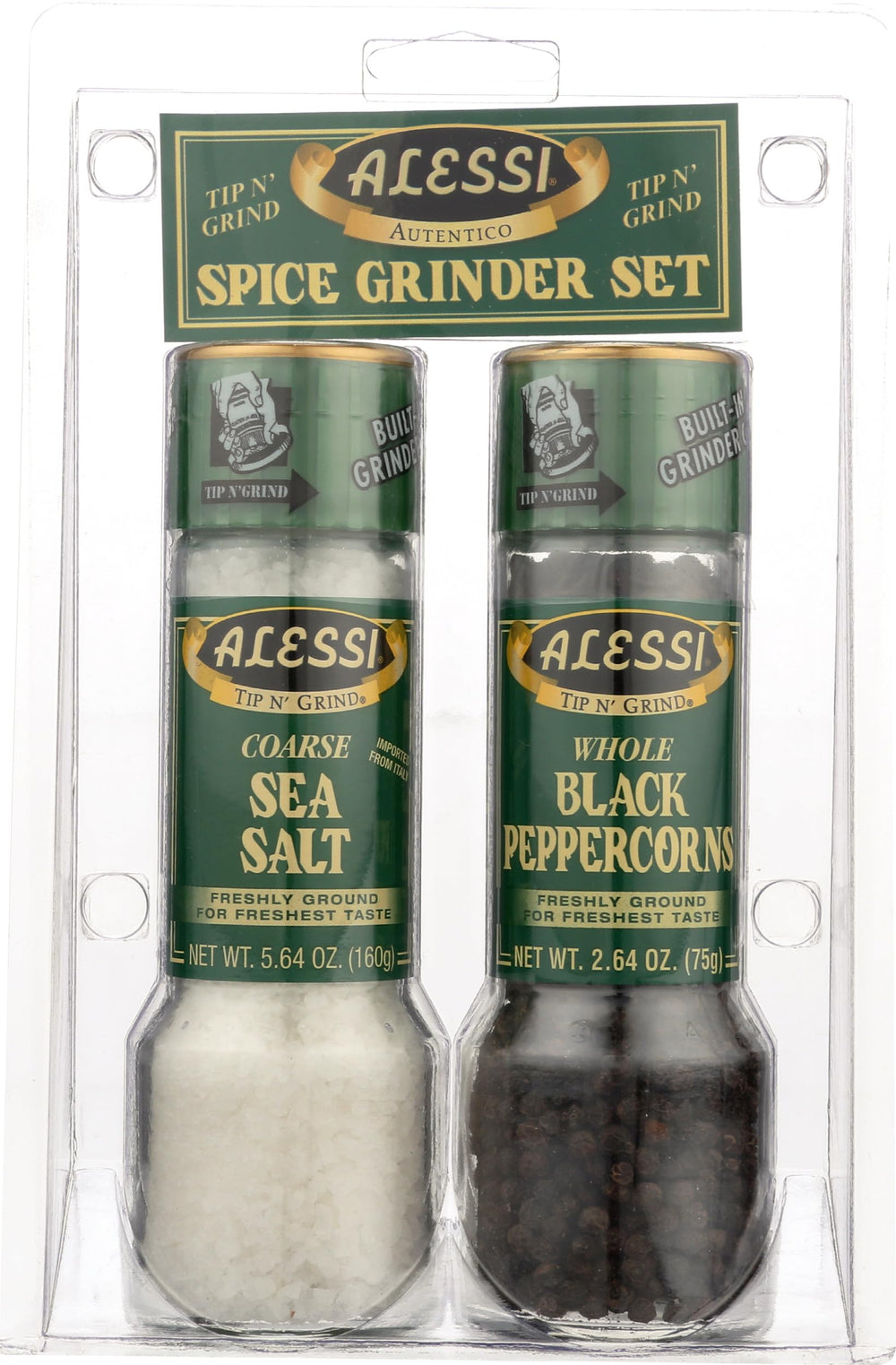 Alessi front view of grinder set showing sleek design and quick seasoning