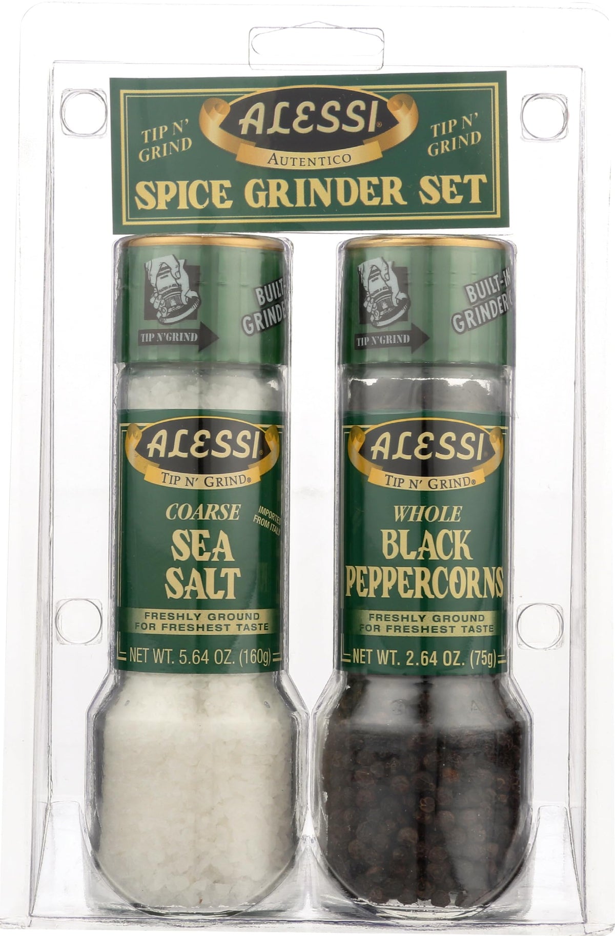 Alessi front view of grinder set showing sleek design and quick seasoning