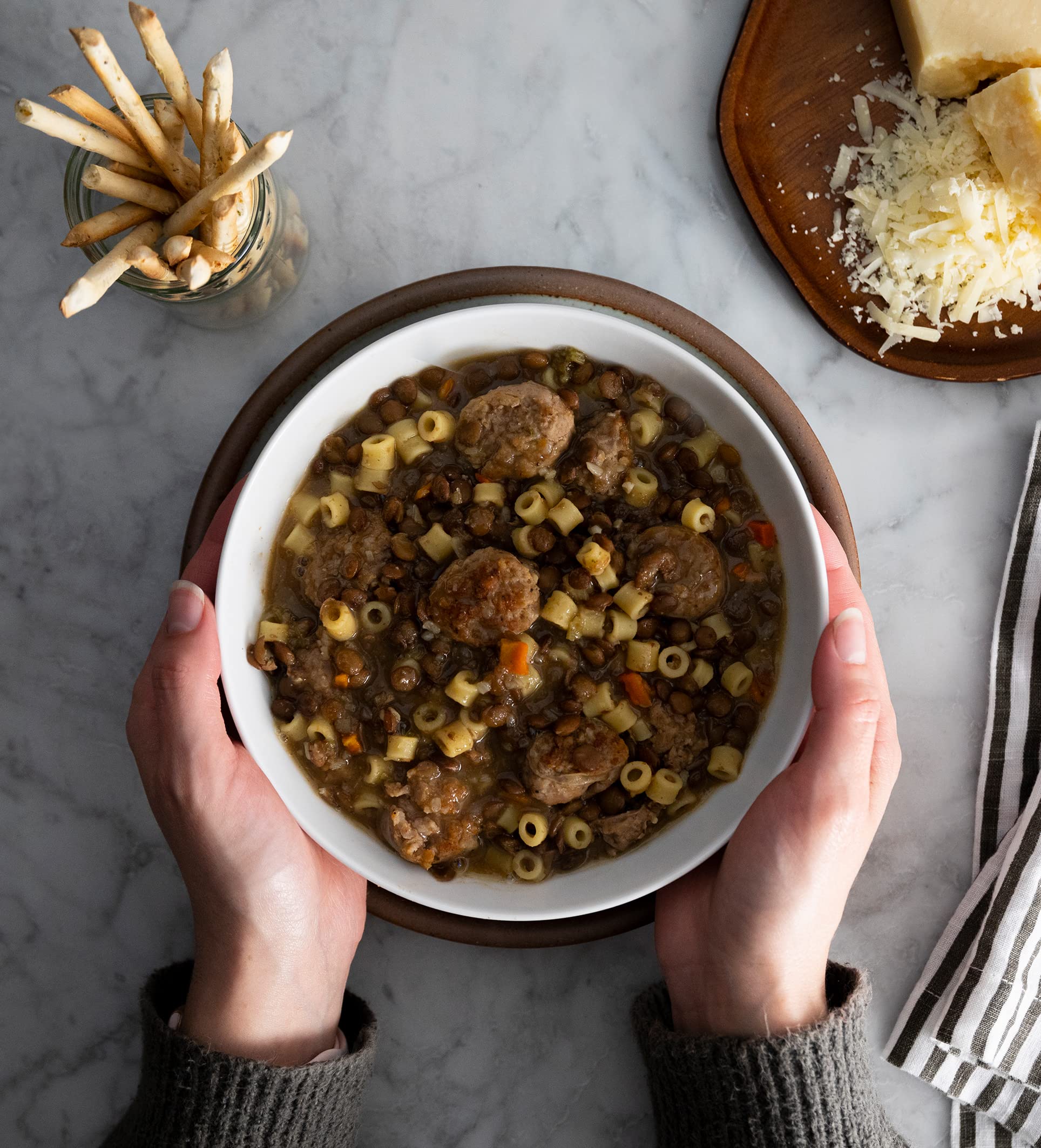 bowl of Alessi soup in kitchen setting conveying comforting meal ready fast