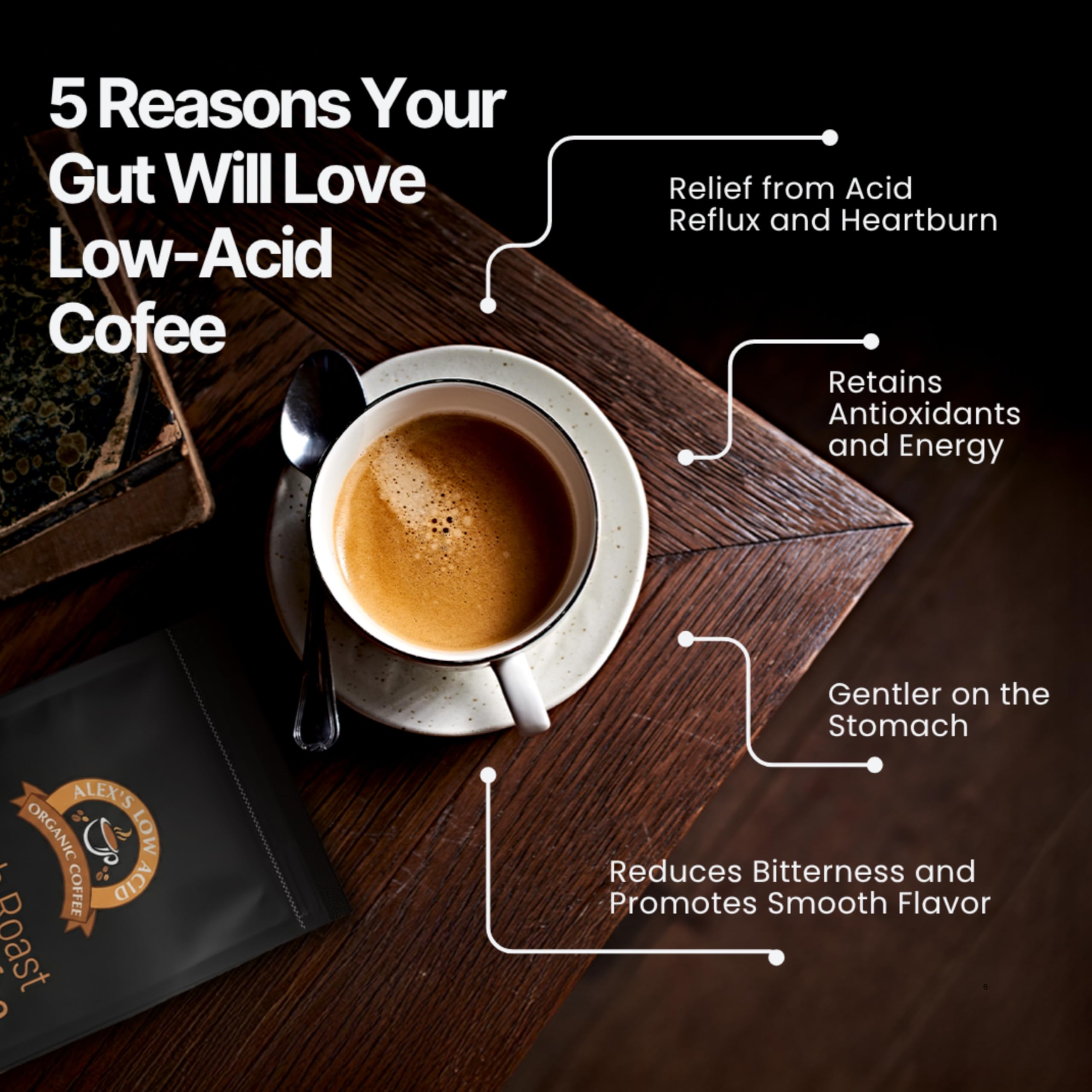 Alex's Low Acid Organic Coffee brewed cup in kitchen lifestyle showing smooth, low-acid enjoyment