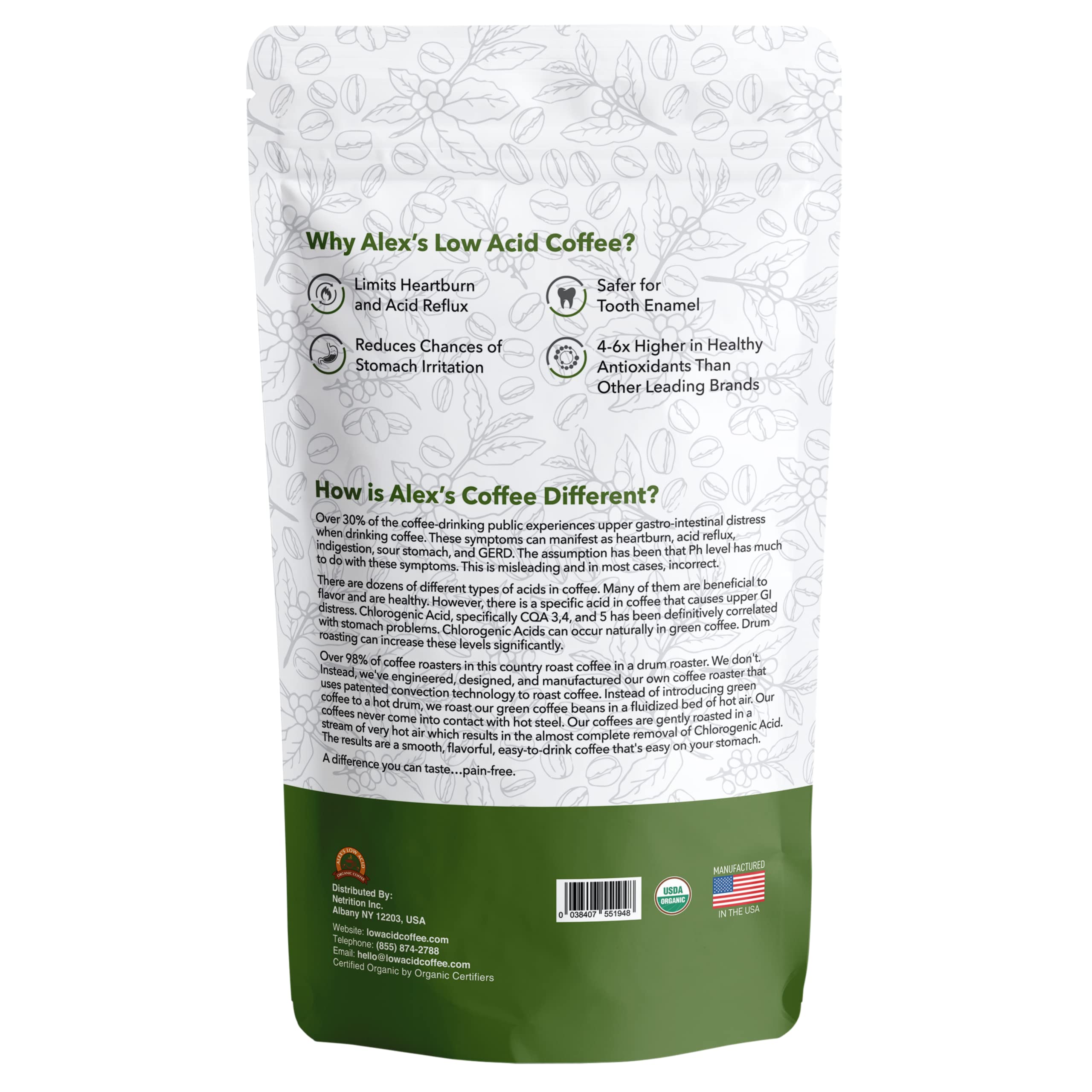 Alex's Low Acid Organic Coffee brewed cup in kitchen scene promoting gentle flavor and morning ritual