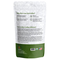 Alex's Low Acid Organic Coffee brewed cup in kitchen scene promoting gentle flavor and morning ritual
