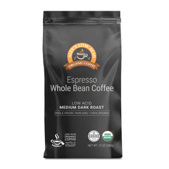 Alex's Low Acid Organic Coffee front packaging showing branding and 12oz bag benefit