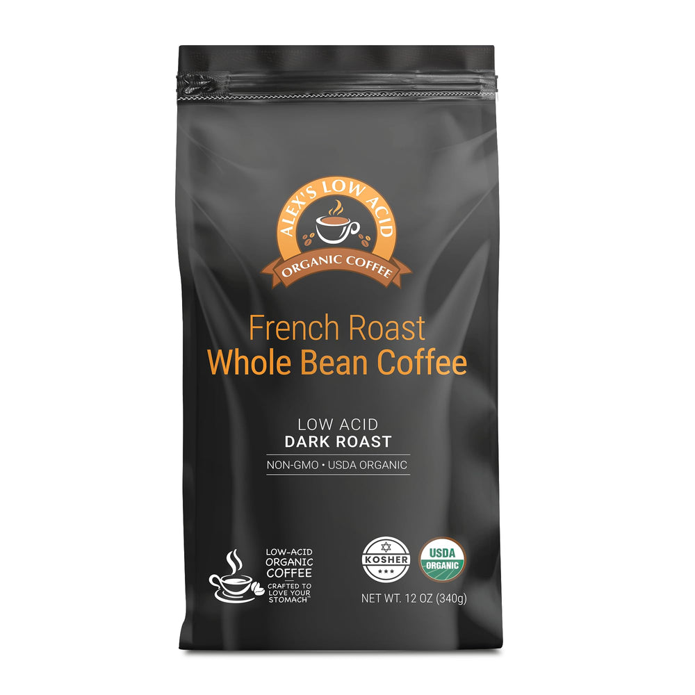 Alex's Low Acid Organic Coffee front packaging showing 12oz bag and organic seal, highlighting gentle flavor