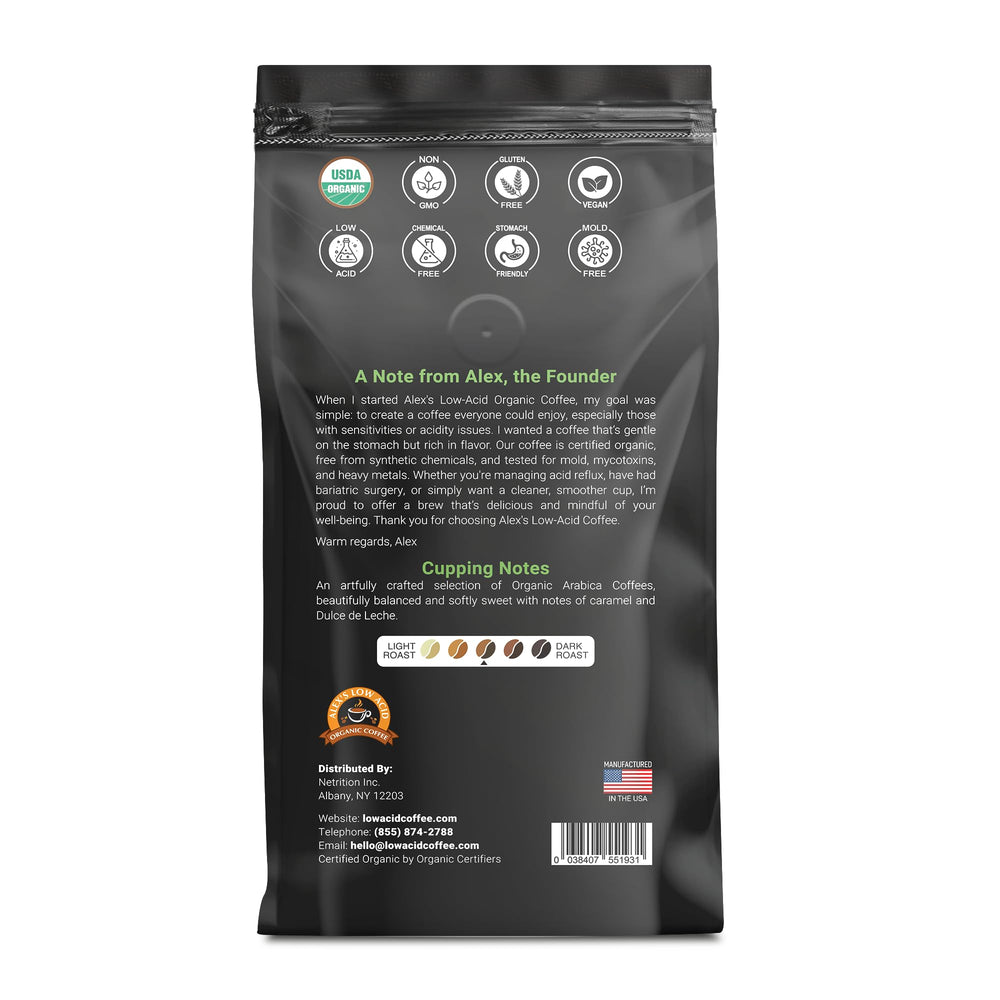 Alex's Low Acid Organic Coffee ground close-up highlighting texture and smoother taste
