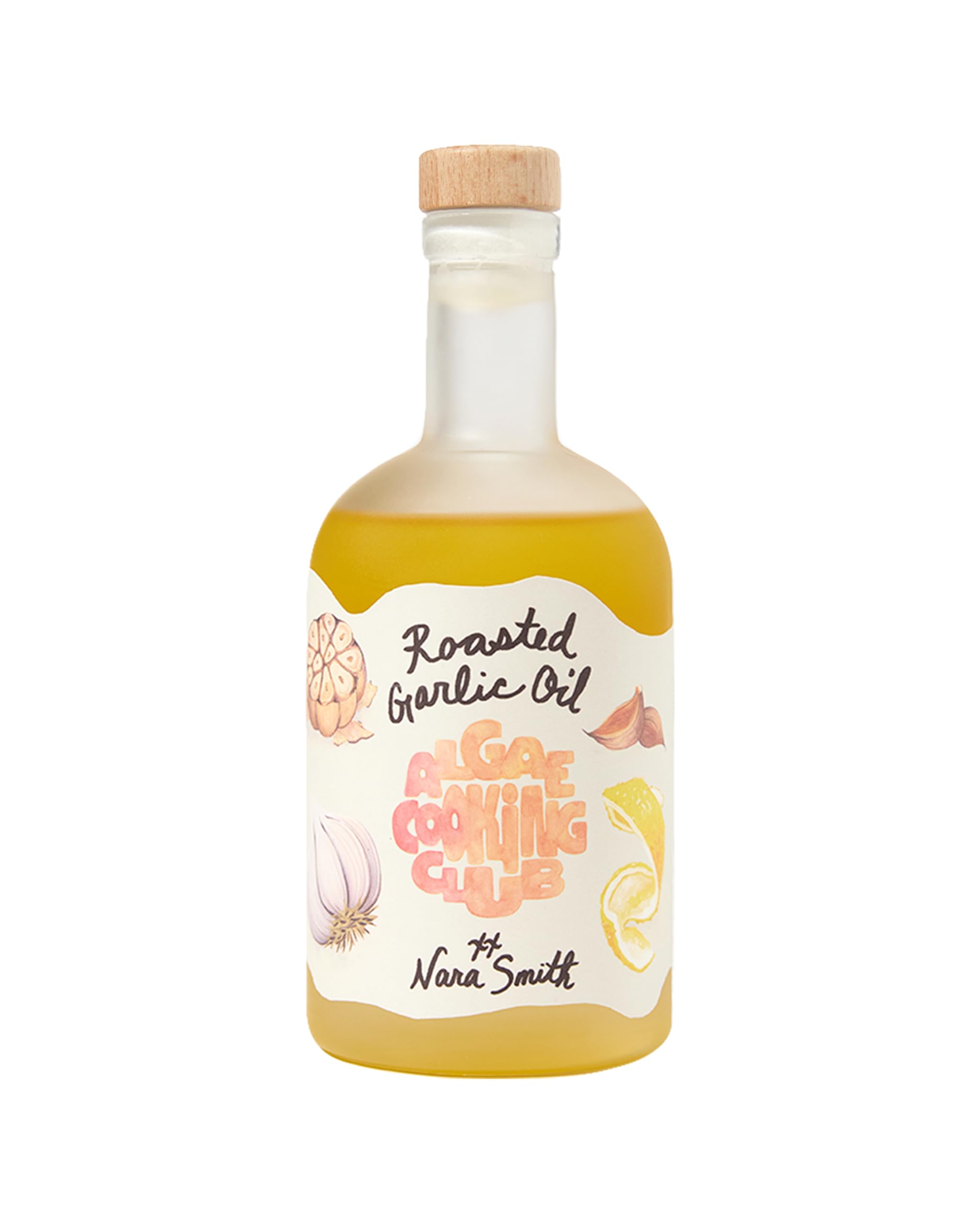 Algae Cooking Club front packaging showing Nara’s roasted garlic oil and label benefits