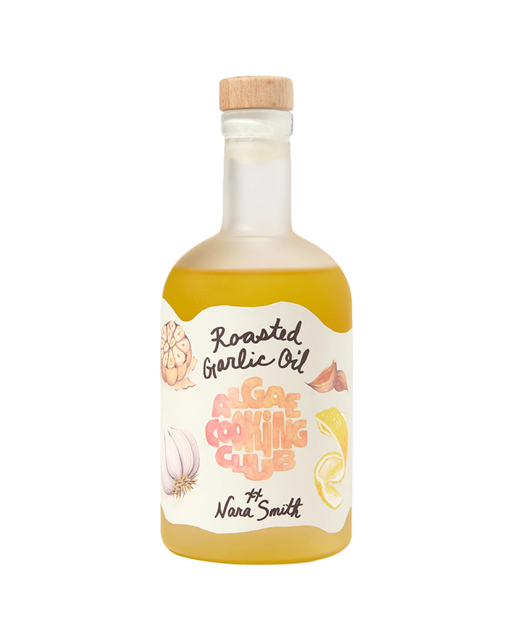 Algae Cooking Club front packaging showing Nara’s roasted garlic oil and label benefits