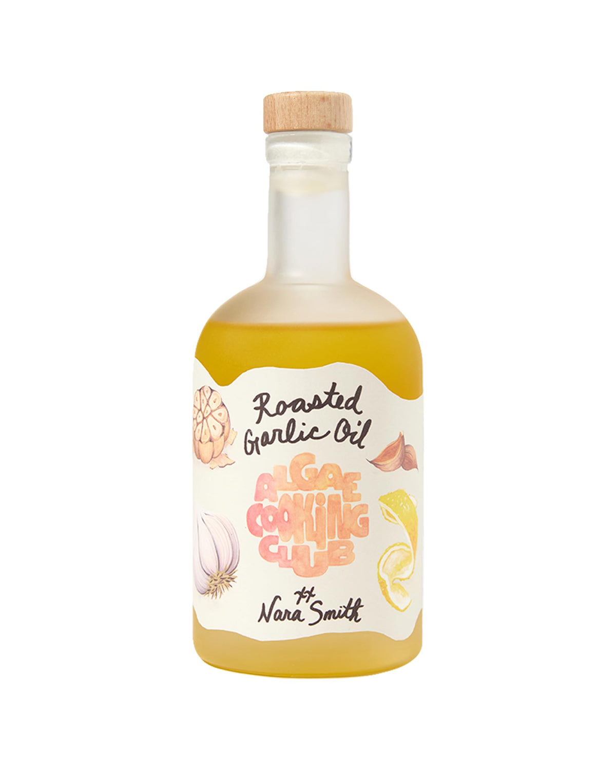 Algae Cooking Club front packaging showing Nara’s roasted garlic oil and label benefits
