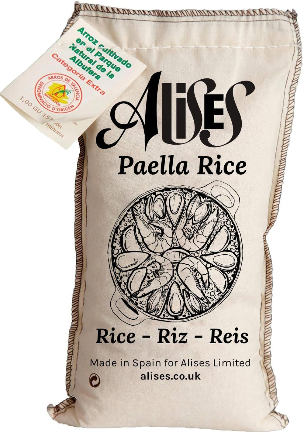 Alises front packaging showing 1 kg paella rice and clear origin for authentic results