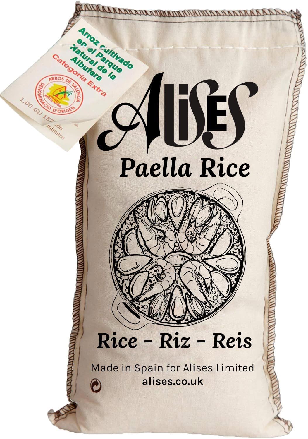Alises front packaging showing 1 kg paella rice and clear origin for authentic results