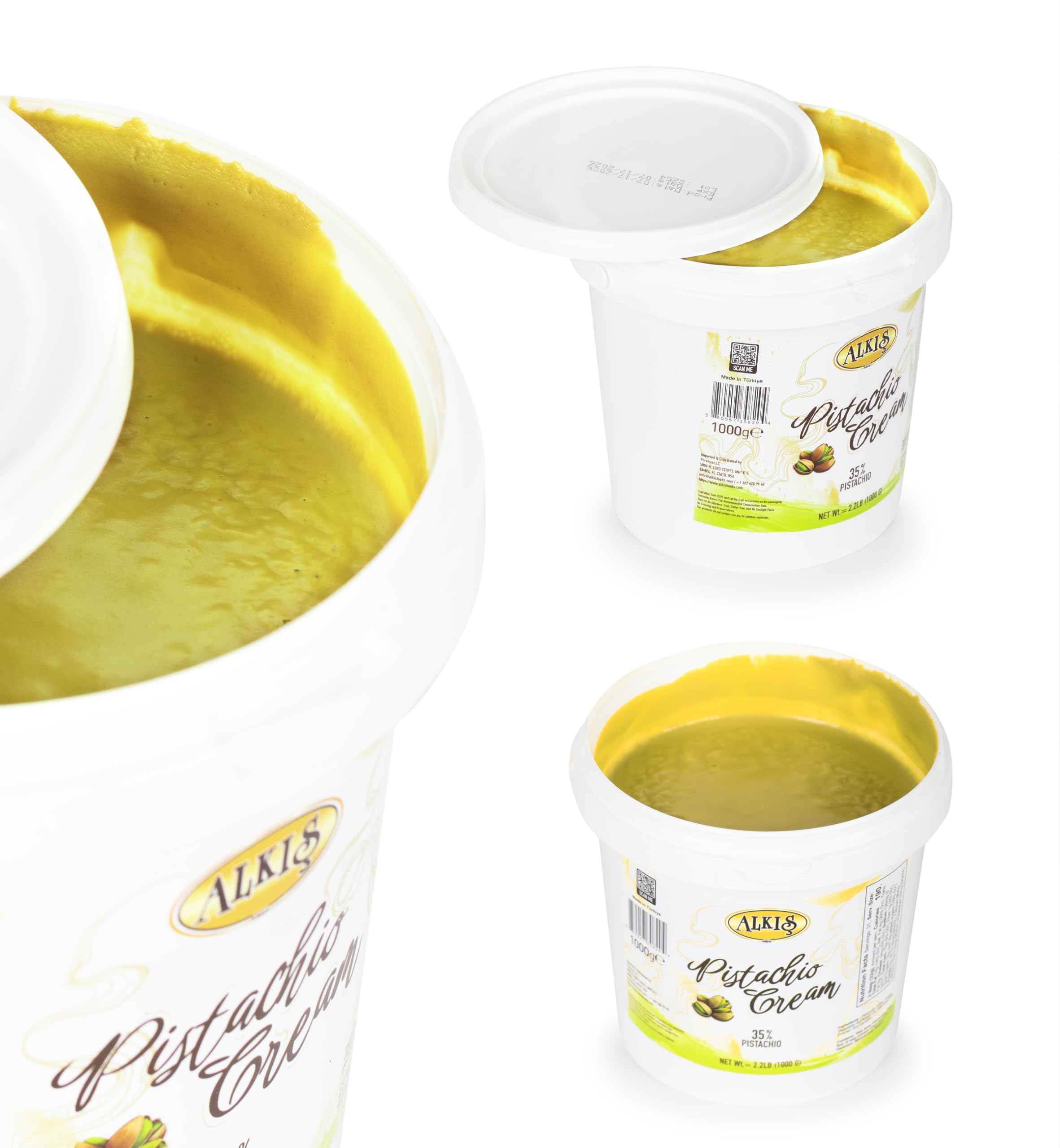 Alkis pistachio cream on spoon highlighting smooth texture benefit