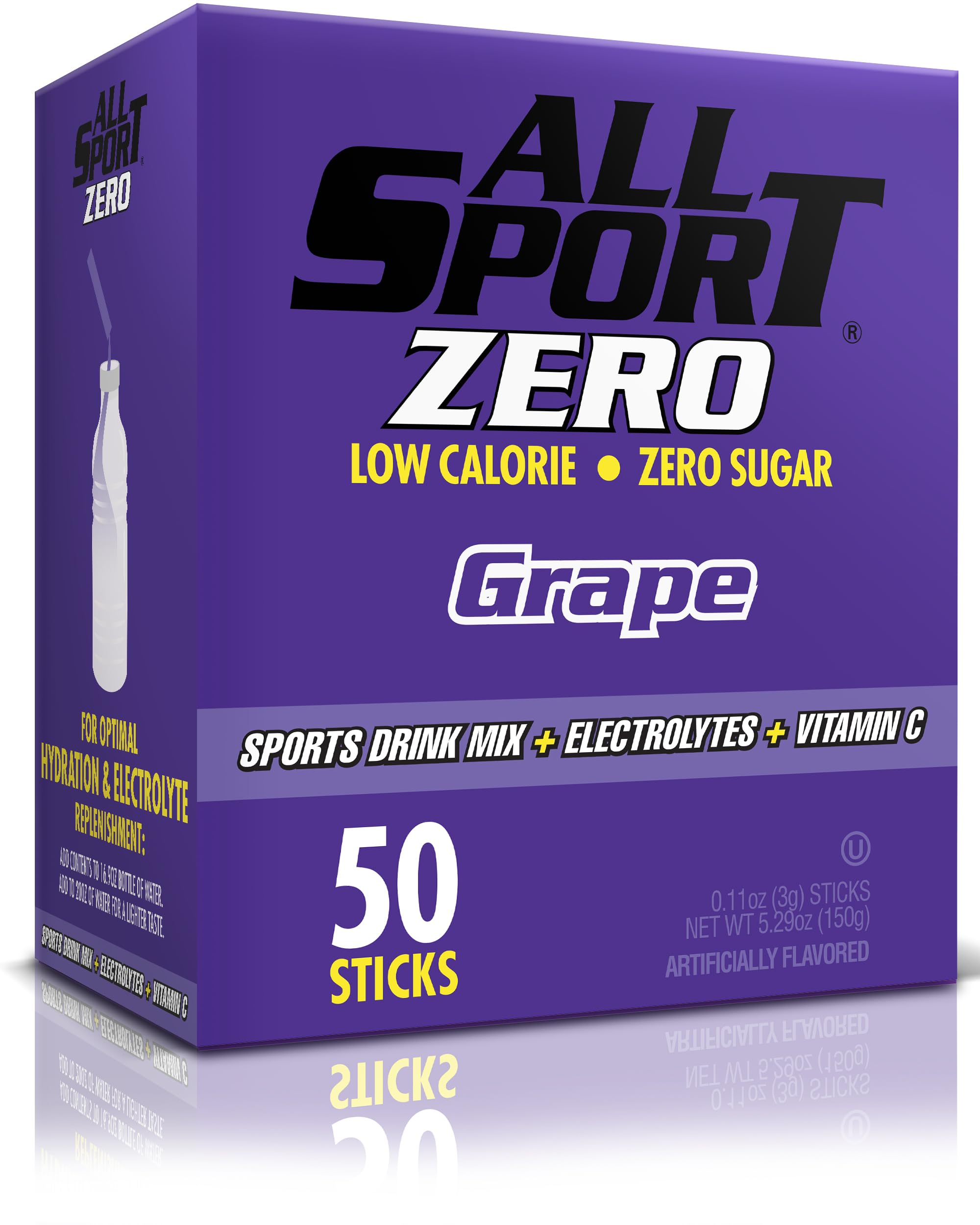 All Sport Zero grape front box showing 50 sticks and branding for convenient hydration