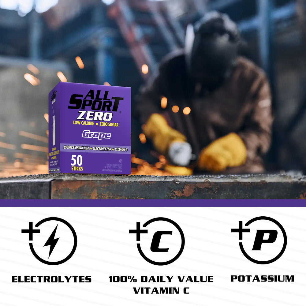 Close-up of a single All Sport Zero grape stick pack highlighting easy single-serve benefit