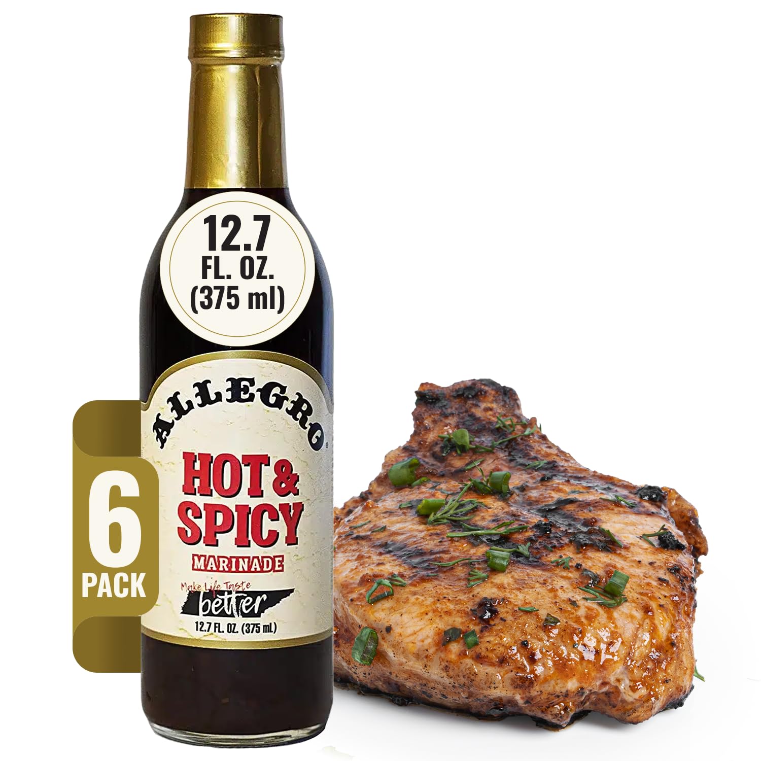 Allegro front packaging showing hot & spicy bottles and serving suggestion benefit