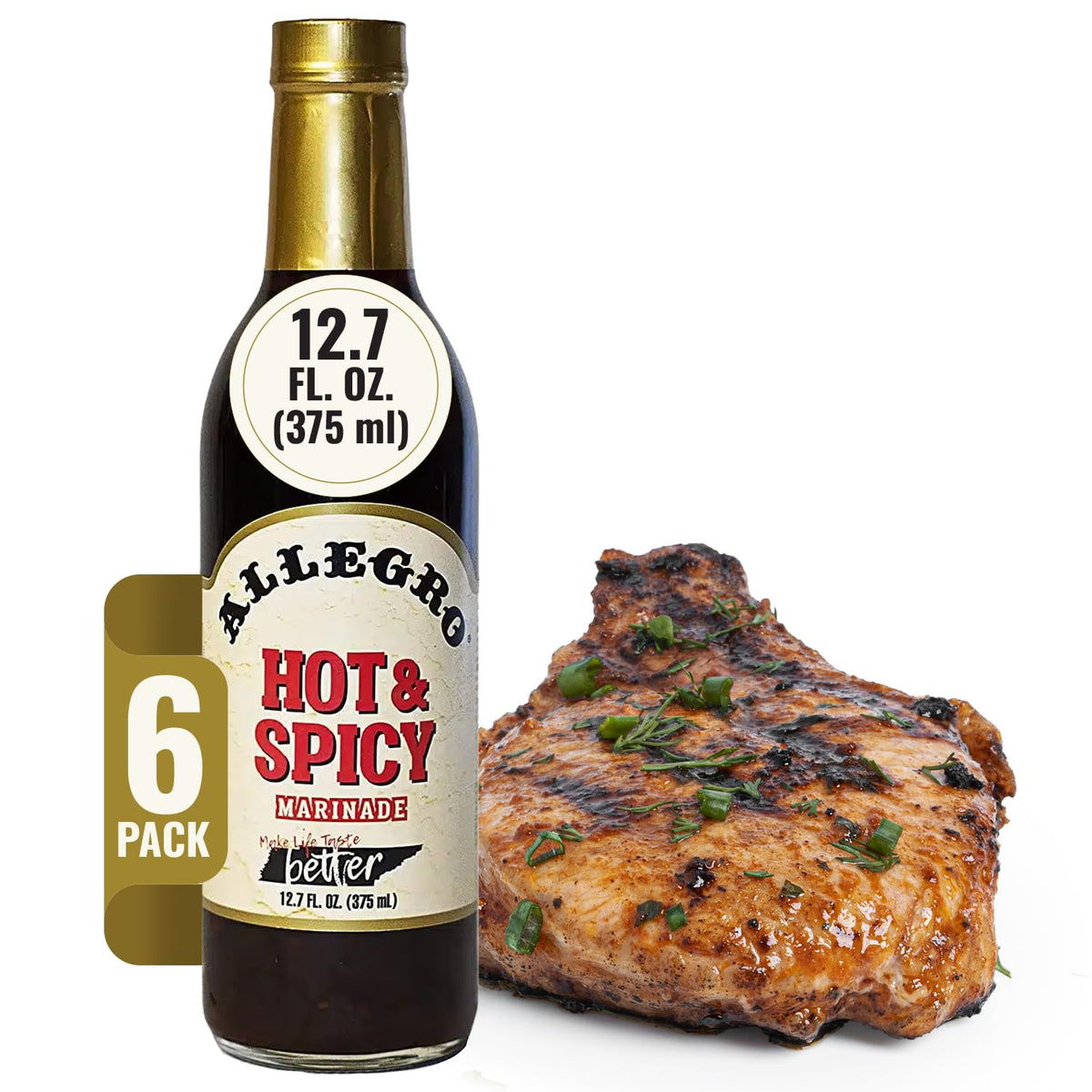 Allegro front packaging showing hot & spicy bottles and serving suggestion benefit