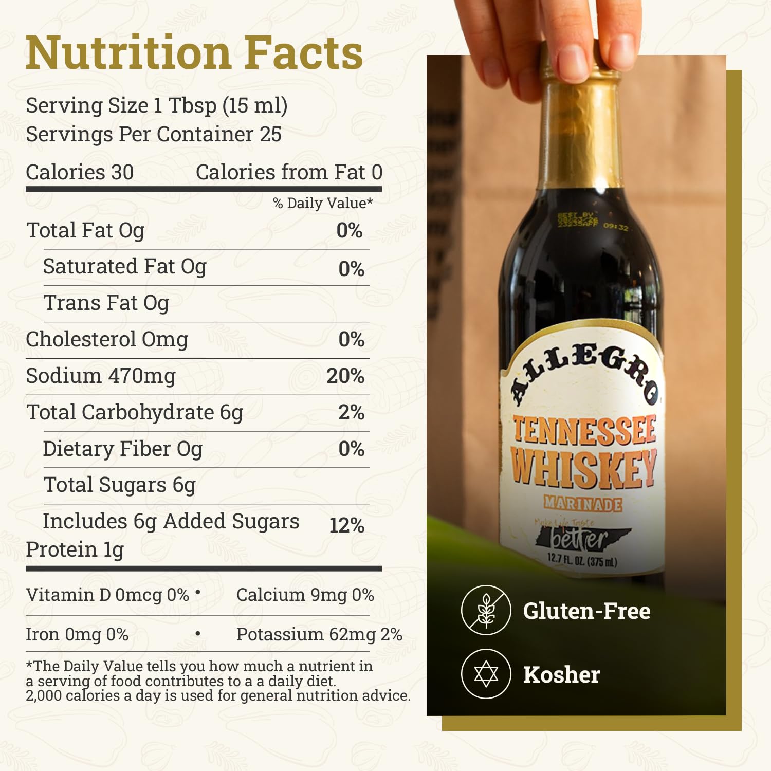 Allegro bottle staged on table with cooked meal showing meal-enhancing benefit