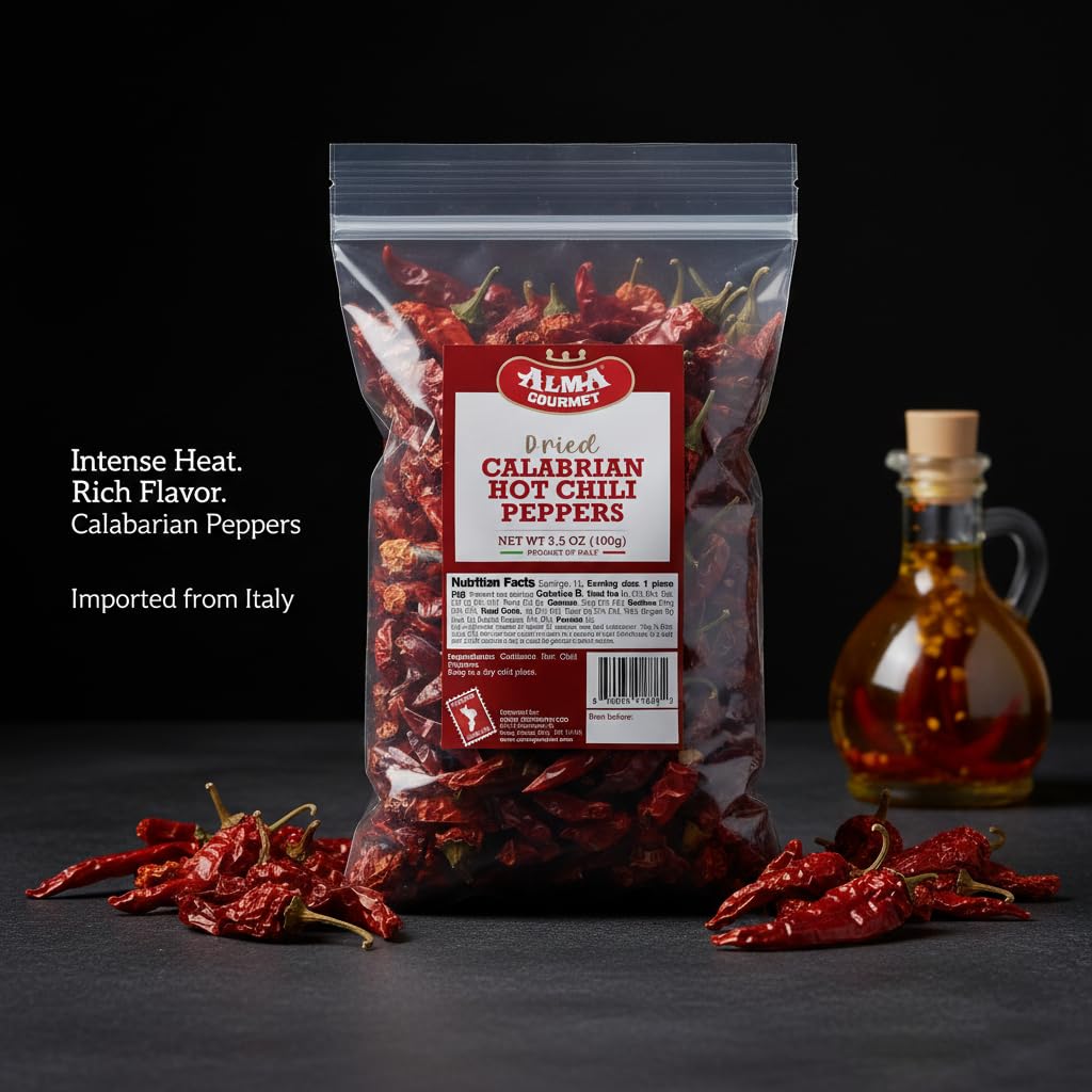 Alma Gourmet close-up whole dried Calabrian peppers showing vibrant color and aroma